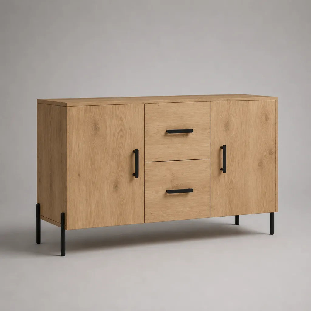 Sideboard aus melaminbeschichteter Spanplatte und pulverbeschichtetem Stahl, 2 Türen und 2 Schubladen, Eichefarben/Schwarz, 140 × 40 × 85 cm