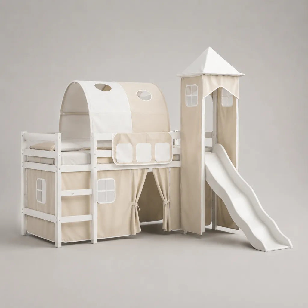 Kinderhochbett-Set aus Holz mit Rutsche, Spielturm, Tunnel und Vorhang, Weiß/Beige, 208 × 240 × 230 cm, Liegefläche 90 × 200 cm