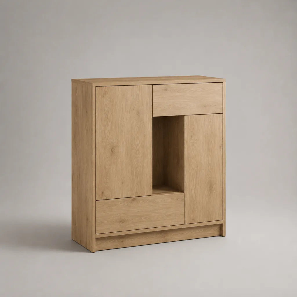 Highboard aus Spanplatte mit 2 Türen, 2 Schubladen und offenem Fach, Eiche hell, 100 × 40 × 120 cm