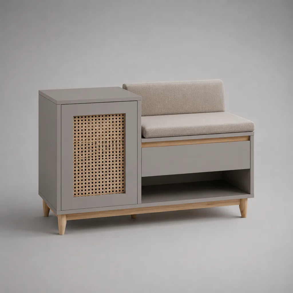 Schuhschrank mit Sitzbank aus MDF, Rattangeflecht und Kiefernholz, Grau/Natur/Beige, 100 × 35 × 80 cm