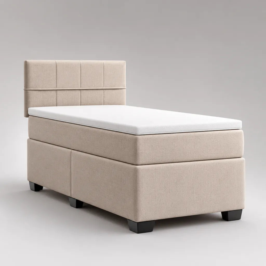 Boxspringbett 90 × 200 cm mit Matratze, Topper und gepolstertem Kopfteil, Stoffbezug, Beige