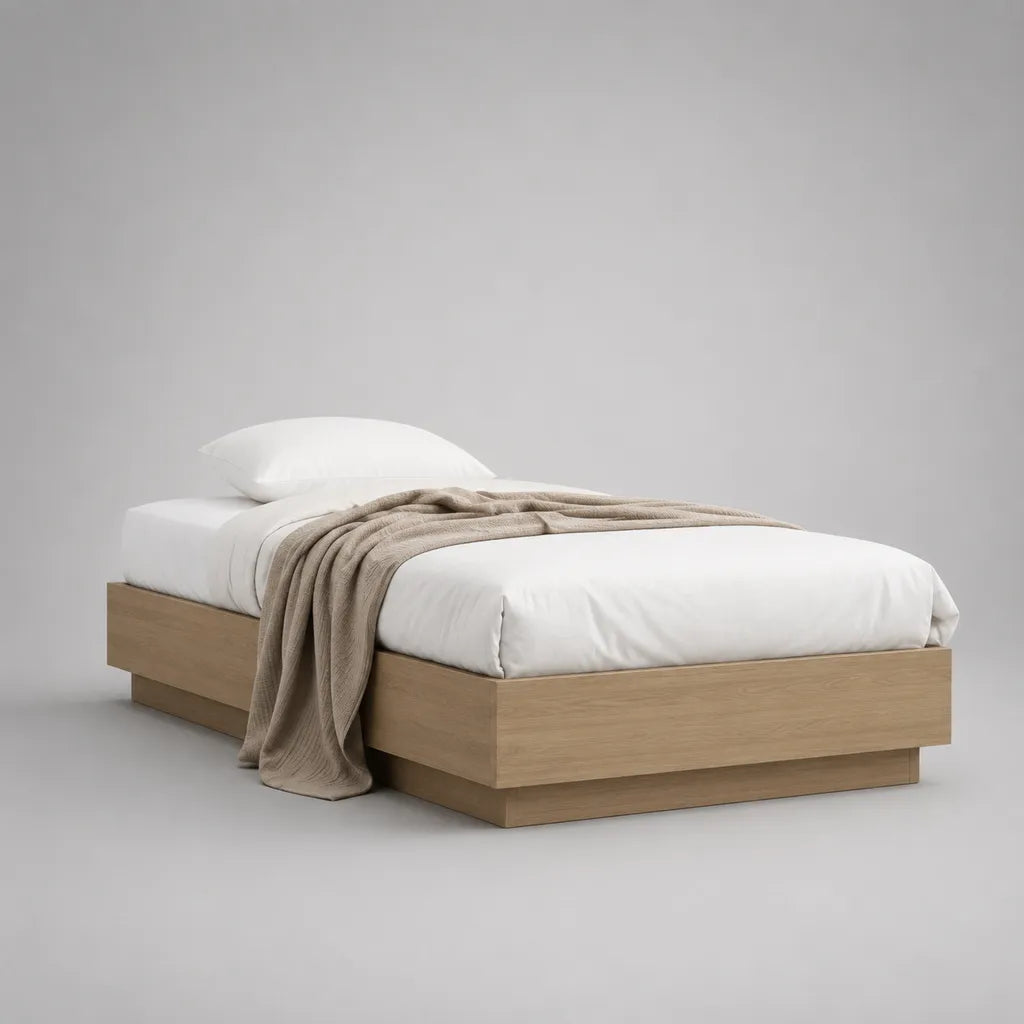 Bettgestell 160 × 200 cm aus melaminharzbeschichteter Spanplatte, Eiche Natur, ohne Kopfteil