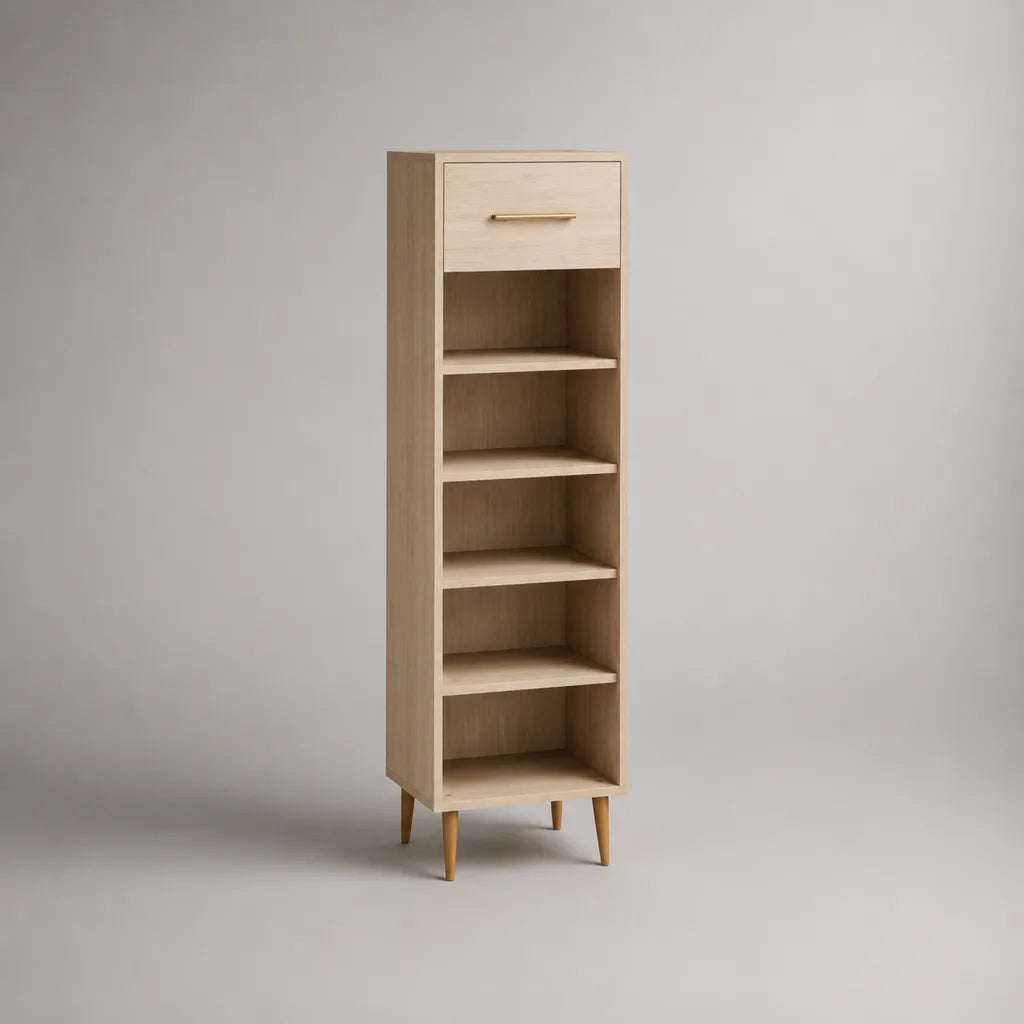 Schuhschrank aus Spanplatte mit Schublade, 5 offenen Fächern und Buchenholzfüßen, Eiche hell, 45 × 35 × 180 cm