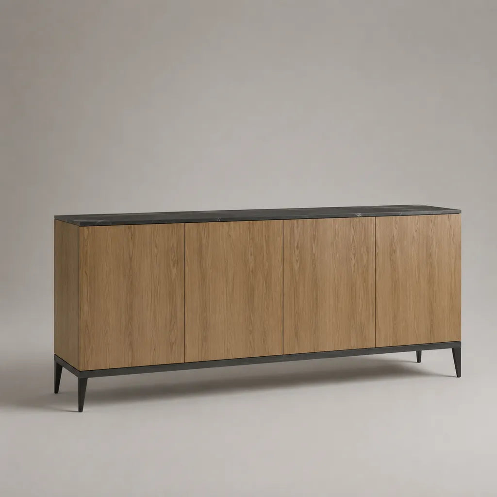 Sideboard mit 4 Türen aus MDF mit Eichenfurnier und Stahlgestell, Natur/Schwarz, 180 × 40 × 85 cm