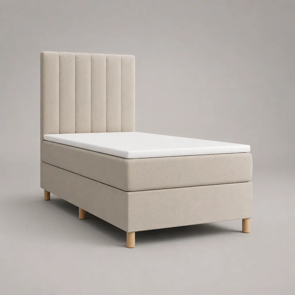Boxspringbett 90 × 200 cm mit Matratze, Topper und gepolstertem Kopfteil, Webstoff, Beige