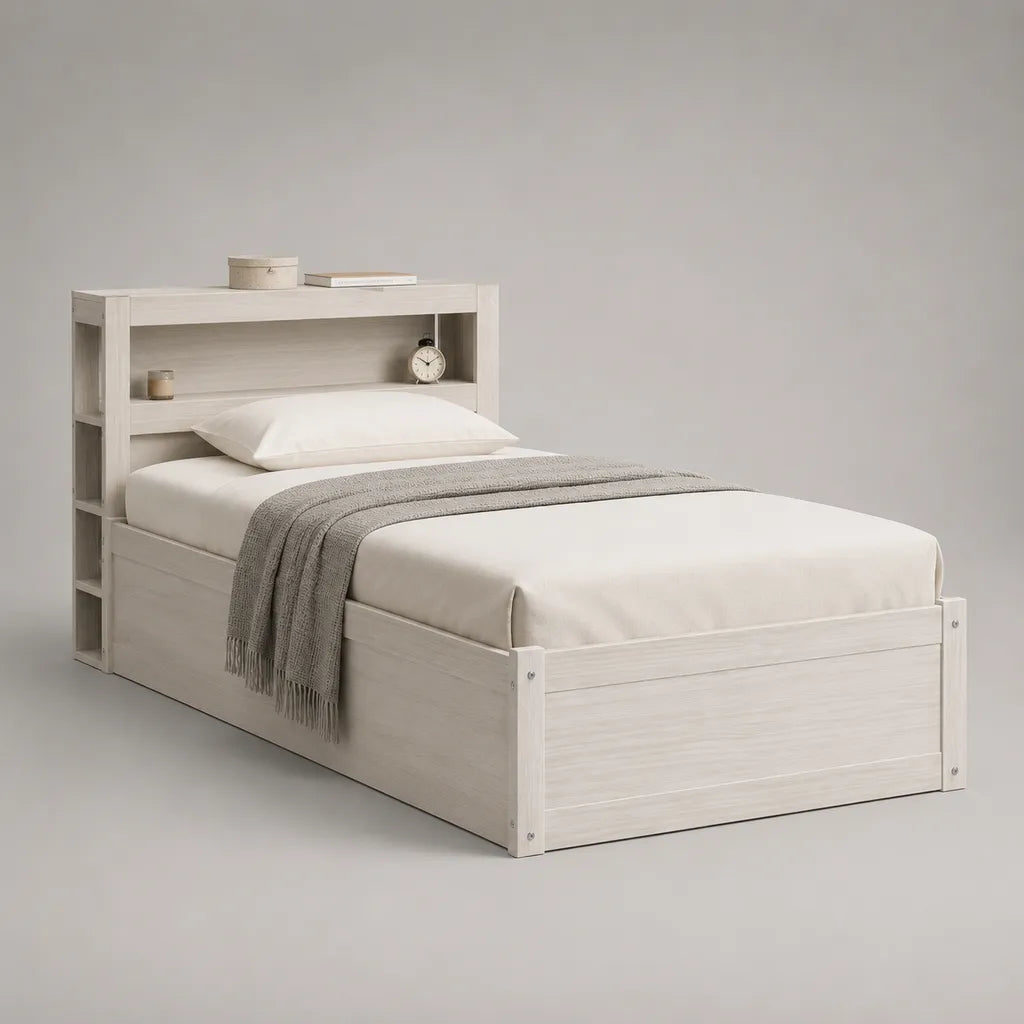 Einzelbett 90 × 200 cm aus melaminbeschichteter Spanplatte mit Regal-Kopfteil, Weiß