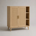 Sideboard mit 2 Türen und 3 offenen Fächern aus Eichenfurnier und Rattangeflecht, Natur, 120 × 40 × 125 cm