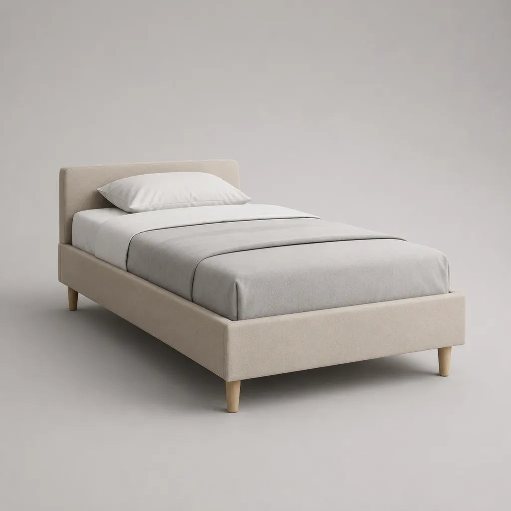Polsterbett Einzelbett mit Polyesterbezug und Holzlattenrost, Beige/Natur, Liegefläche 90 x 200 cm, Gesamtmaß 103 x 214 x 93 cm