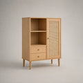 Sideboard-Hochschrank aus MDF mit Eichenfurnier und Rattangeflecht, Naturbeige/Hellbraun, 90 × 40 × 130 cm