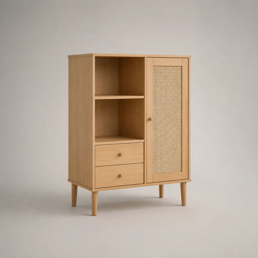 Sideboard-Hochschrank aus MDF mit Eichenfurnier und Rattangeflecht, Naturbeige/Hellbraun, 90 × 40 × 130 cm