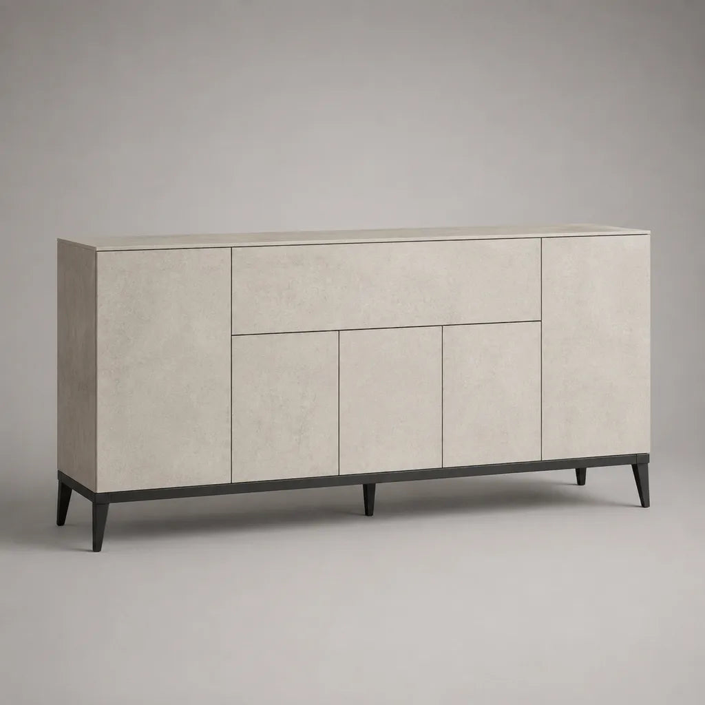 Rechteckiges Sideboard Beige/Schwarz 160 x 40 x 85 cm aus melaminharzbeschichteter Spanplatte mit Stahlgestell