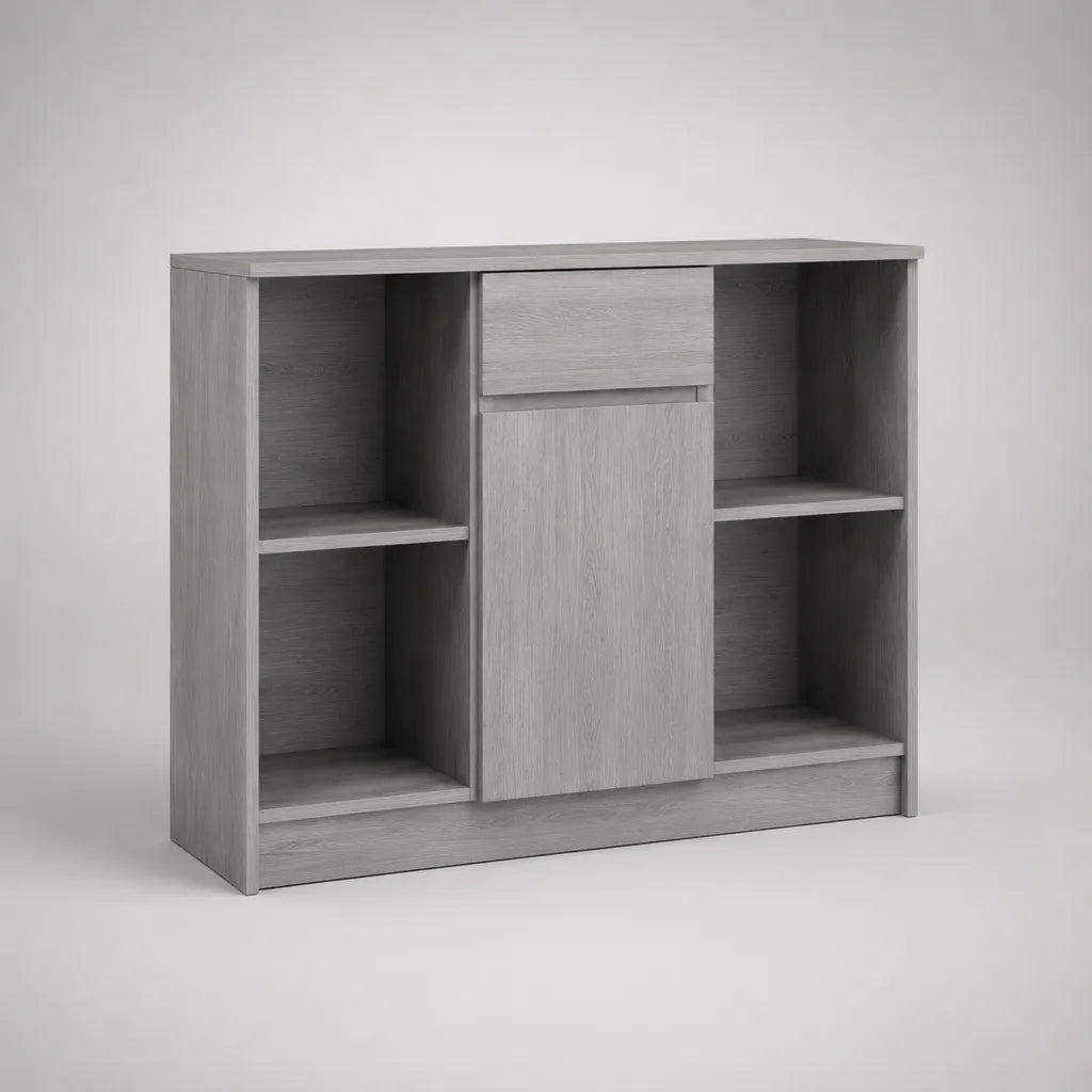 Sideboard aus Spanplatte mit 1 Tür, 1 Schublade und 4 offenen Fächern, Grau, 120 × 35 × 90 cm