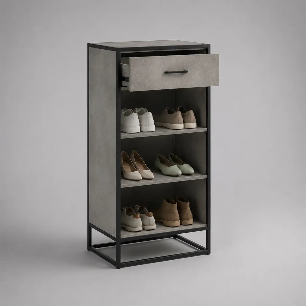Schuhschrank aus Spanplatte und Stahl mit Schublade und 3 Ablagen, Grau/Schwarz, 80 × 40 × 160 cm