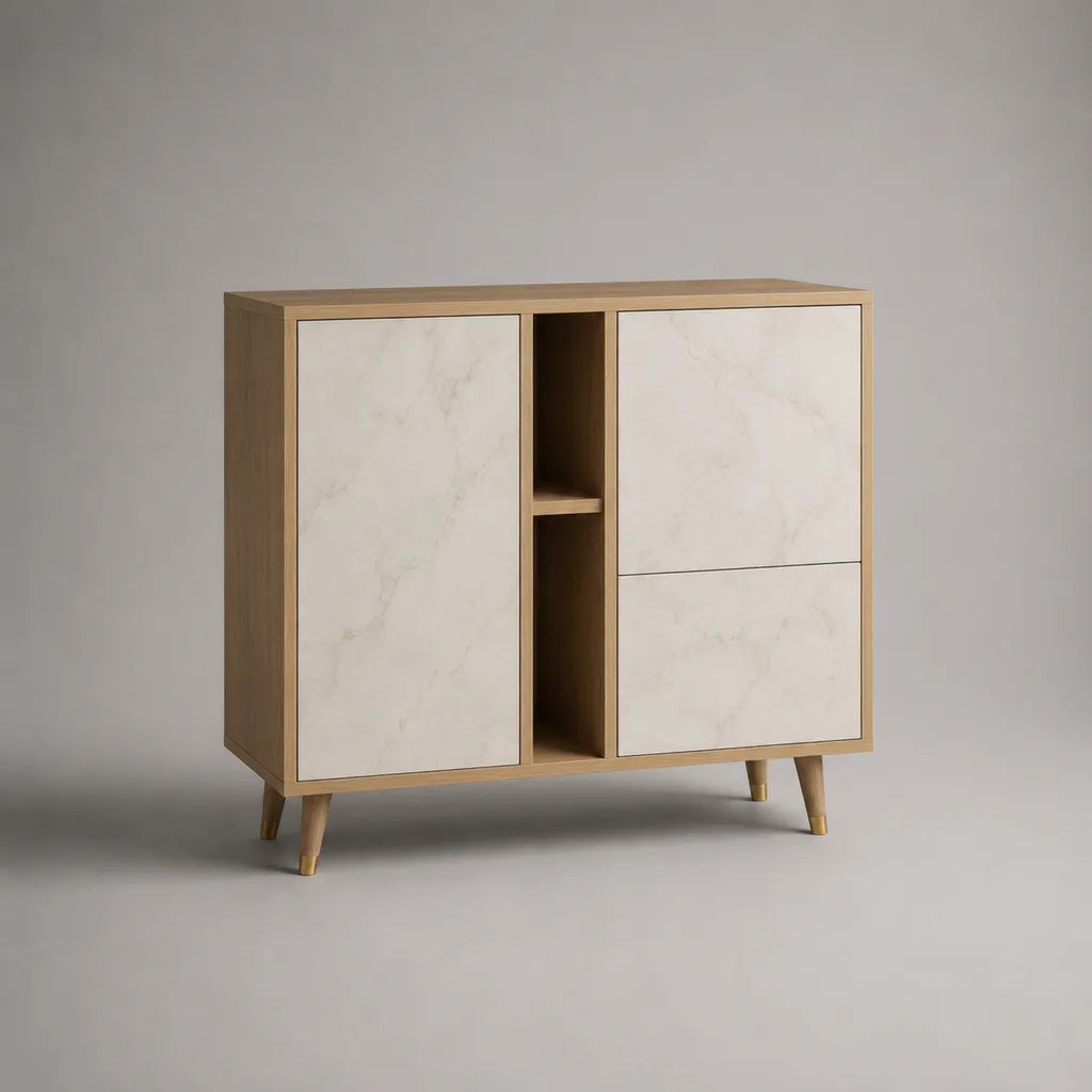 Sideboard aus Spanplatte und MDF mit 2 Türen, 1 Schublade und 2 offenen Fächern, Eichefarben und Weiß, 100 × 40 × 95 cm