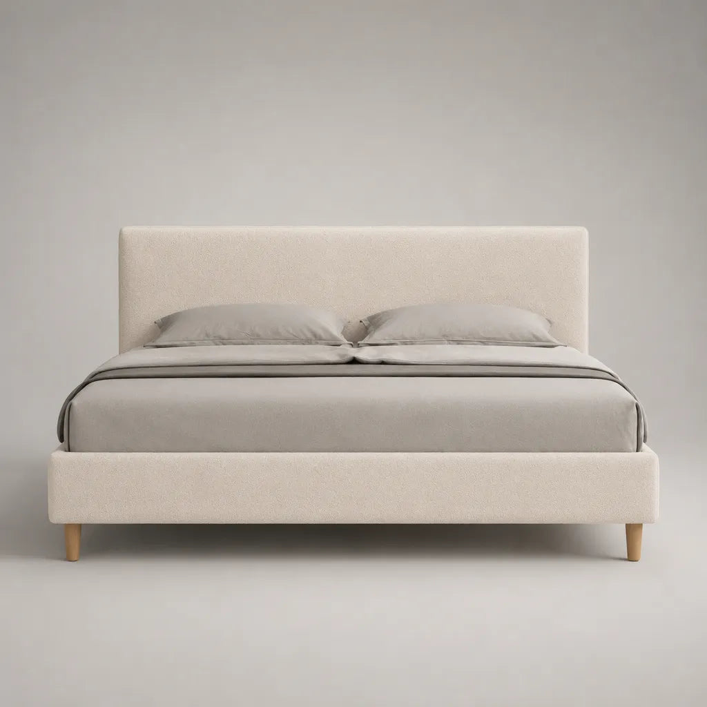 Polsterbett Doppelbett mit Polyester-Bouclé-Bezug und Lattenrost, Beige, Liegefläche 160 × 200 cm, Gesamtmaß 174 × 215 × 110 cm
