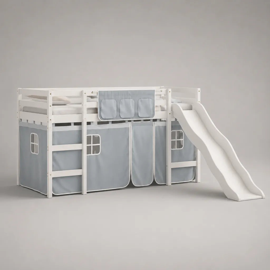 Kinderhochbett mit Rutsche und Leiter aus massiver Kiefer, Weiß/Hellgrau, Liegefläche 90 × 200 cm, Gesamtmaß 207 × 218 × 114 cm