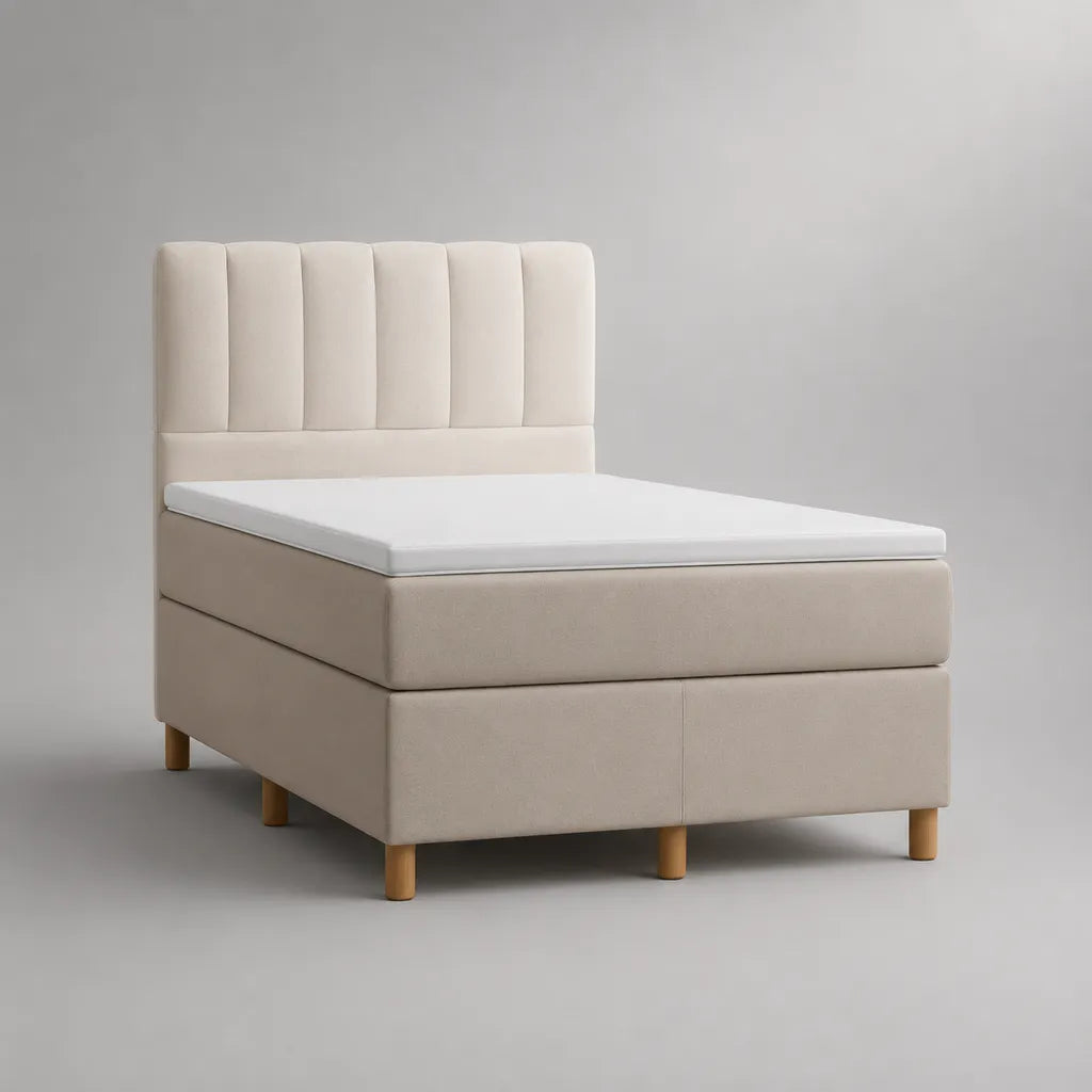 Boxspringbett-Set mit Matratze und Topper 140 × 200 cm, Beige/Weiß/Natur, Polyesterbezug und gepolstertes Kopfteil