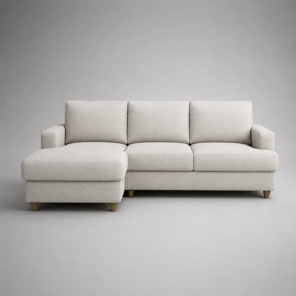 Ecksofa mit Ottomane links, 3-Sitzer mit Polyesterbezug, L-Form, Cremeweiß, 230 × 150 × 88 cm