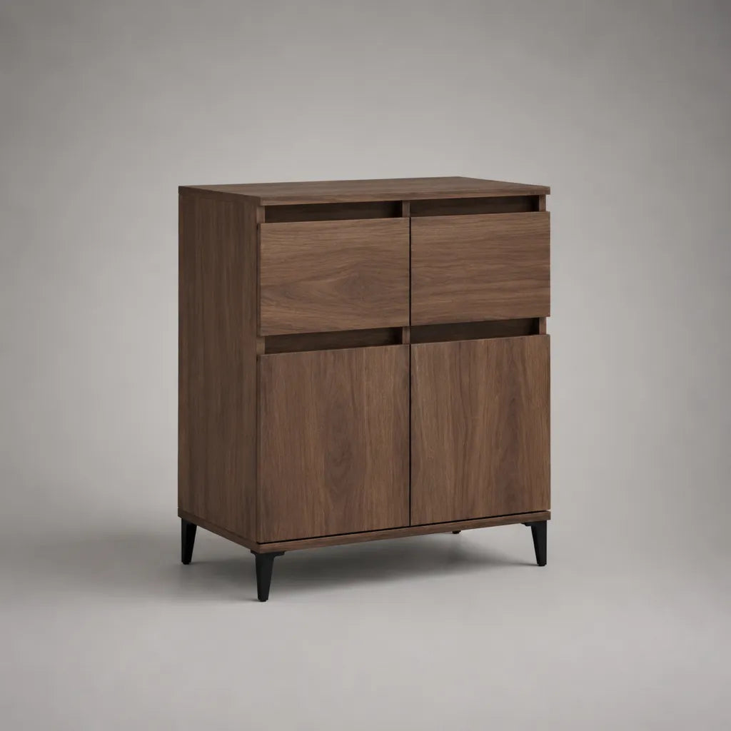 Sideboard Kommode aus Holz und Metall mit 2 Schubladen und 2 Türen, Walnussbraun/Schwarz, 80 × 40 × 100 cm