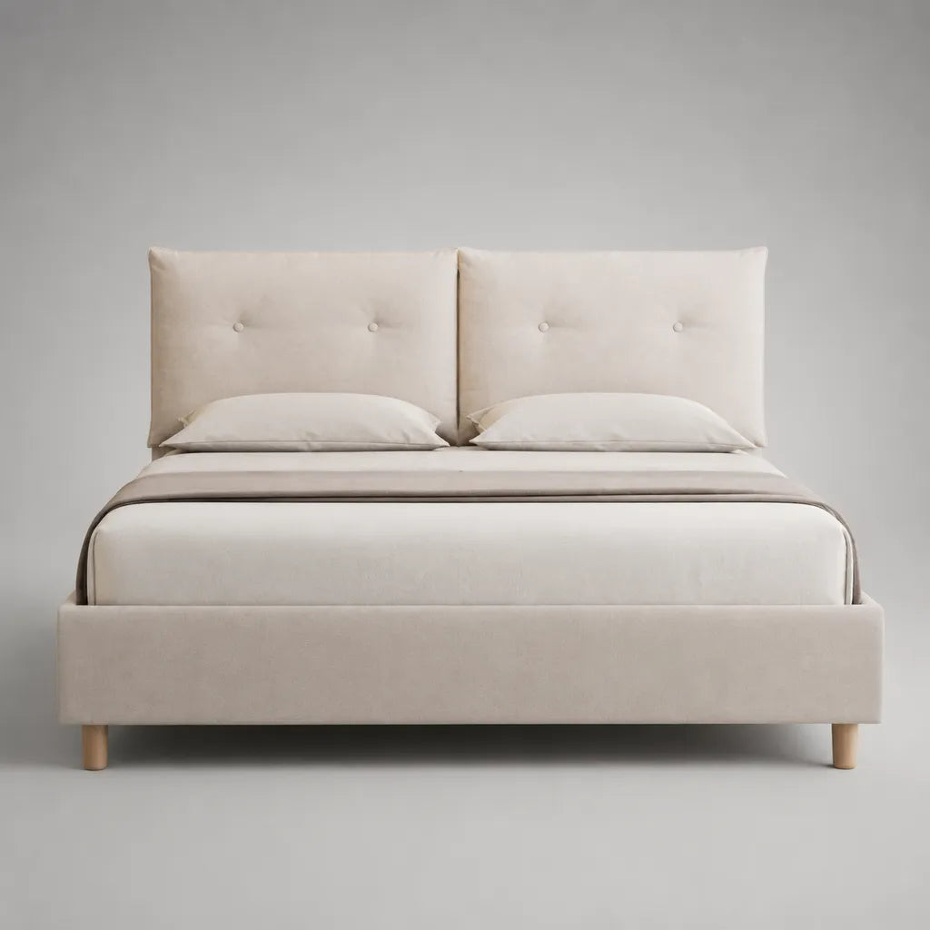 Polsterbett Doppelbett 160 × 200 cm mit geteiltem Kopfteil, Polyester-Mikrofaser, Beige/Hellbraun, 169 × 214 × 111 cm