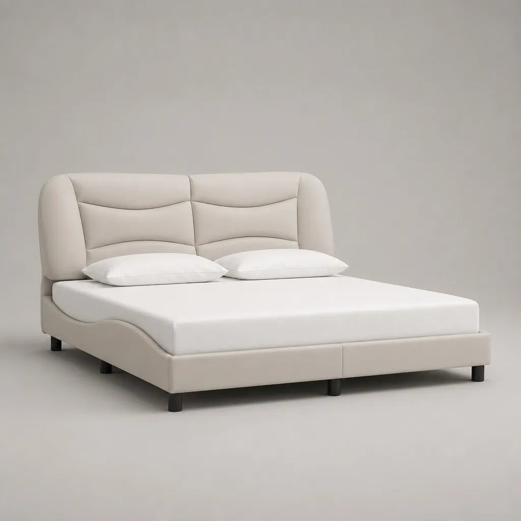 Polsterbett Doppelbett 180 × 200 cm mit Stoffbezug und hohem Kopfteil, Cremeweiß, 223 × 202 × 112 cm