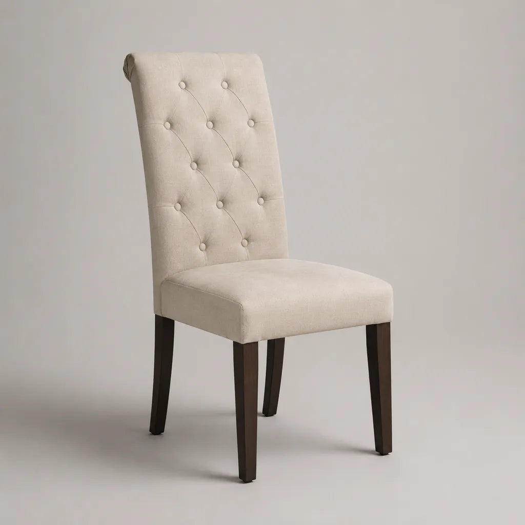 Esszimmerstuhl aus Holz mit Stoffbezug, Knopfheftung, Beige/Dunkelbraun, 48 × 57 × 101 cm